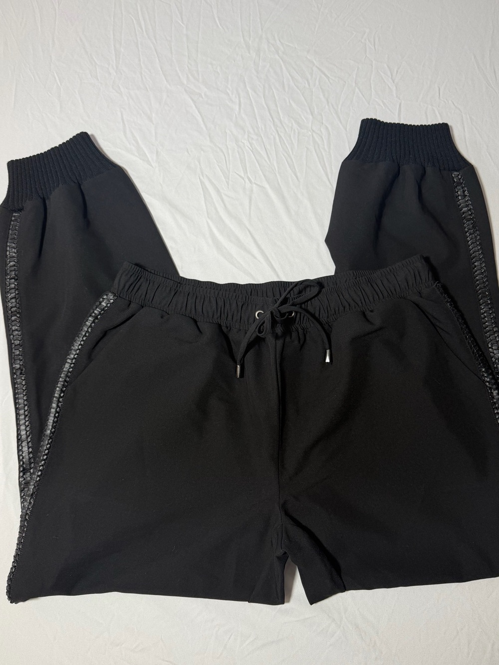 Black Elevated Cuffed Ankle Jogger Pants with Leather Detailing Womens M